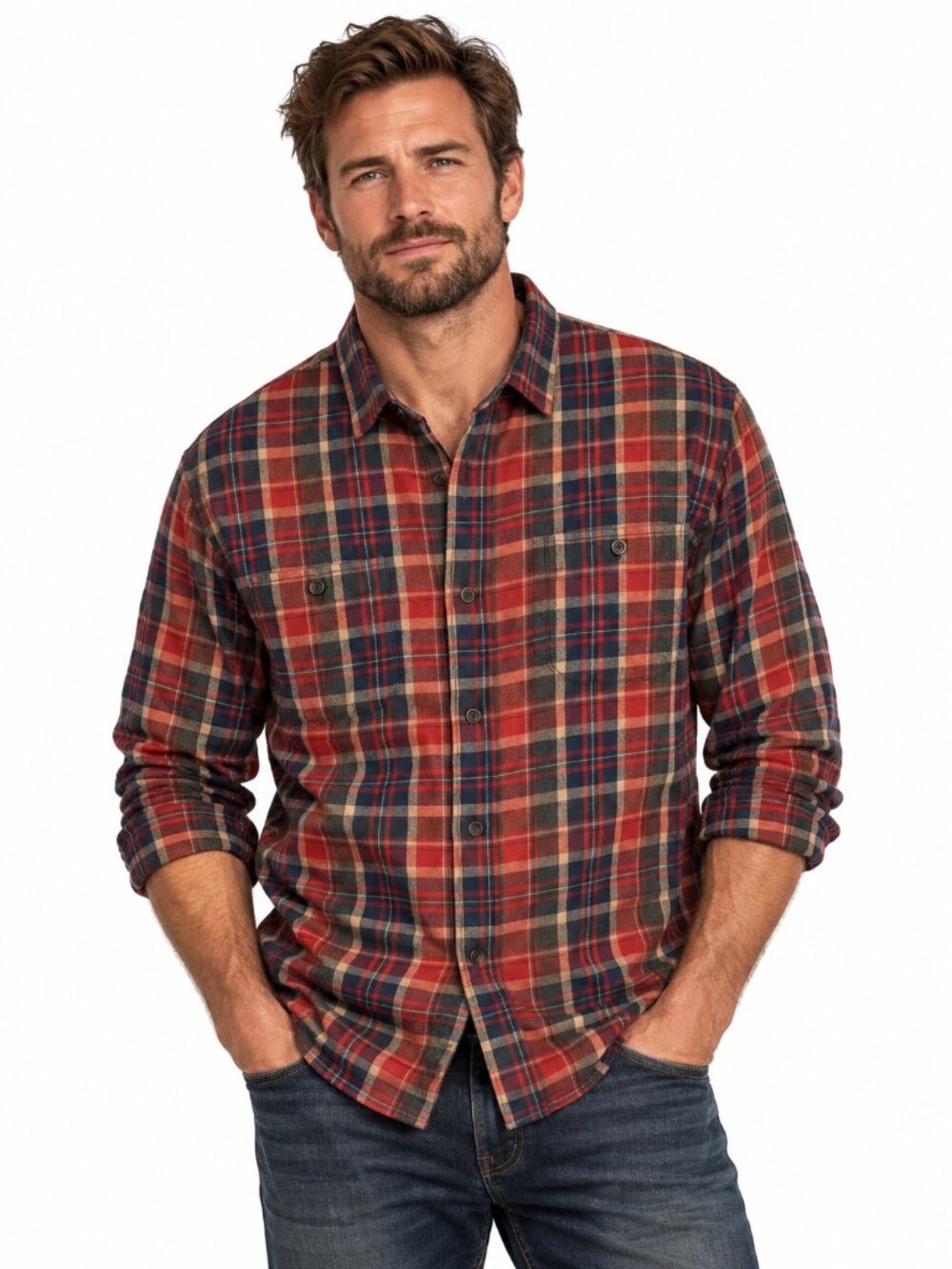 Tailor Vintage Luxe Performance Flannel Shirt Large Rust Orange Navy Plaid